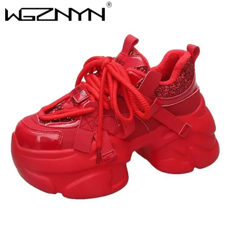 Leather Sneaker Care Kit - 8CM Women Bling Red Chunky Sneakers